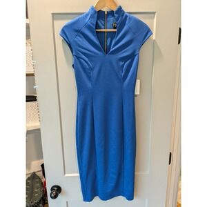 Alexa‎ Admor XS Blue Sheath Dress Cap Sleeve Mock Neck Career Cocktail